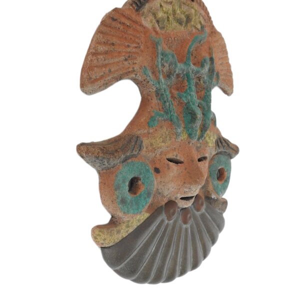 Aztec Mayan Warrior Terracotta Clay Wall Mask Alligators Brass Beard 10" Mexico - Picture 4 of 11